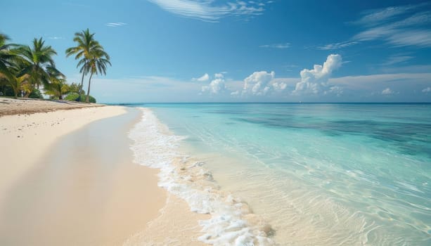 On the tropical beach are palm trees and turquoise water under the azure sky with fluffy clouds above