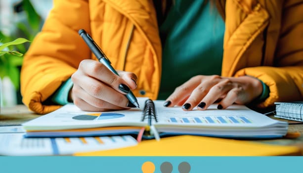 A woman in a yellow jacket is fully engaged, writing notes in her notebook surrounded by musical instruments