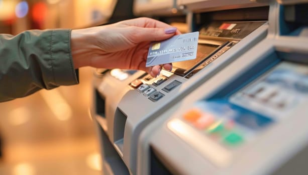 Woman at ATM using credit card. Keywords Engineering, Font, Machine, Electronic device, Wood, Thumb, Electric blue