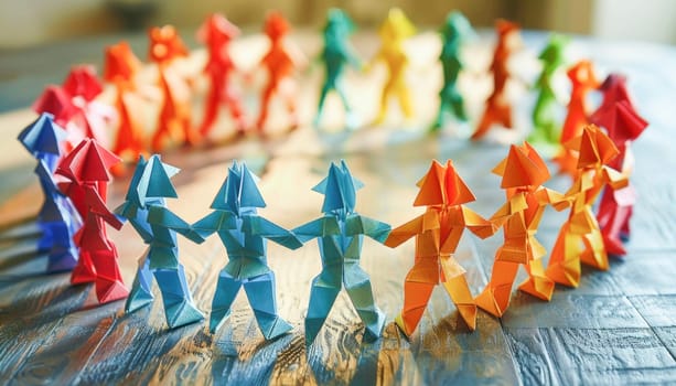 Colored origami figures of people holding hands