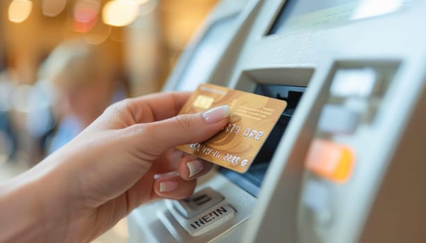 Woman using ATM at bank. Food, Gesture, Recipe, Finger, Cuisine, Thumb, Ingredient, Wood, Dish, Automotive