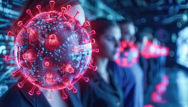 A woman is focused on a computer screen showing a virus infection, with various colors in the background