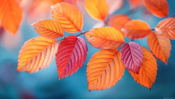 An intricate sight of colorful leaves gathered on a branch of a tree under the sun with the sky in the background