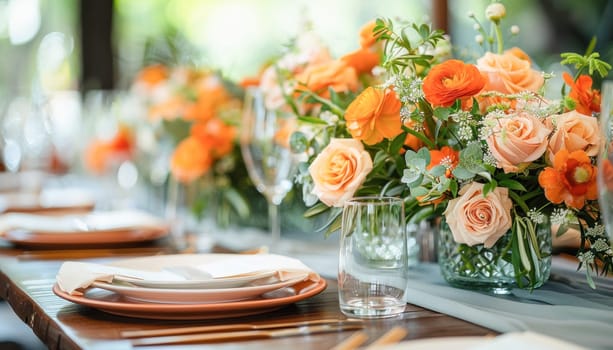 A beautiful spread on a lengthy table includes plates, glasses, and vibrant flowers arranged delicately