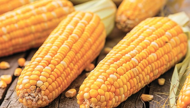 A piece of sweet corn on the cob is placed on a wooden table, displaying natural foods and ingredients