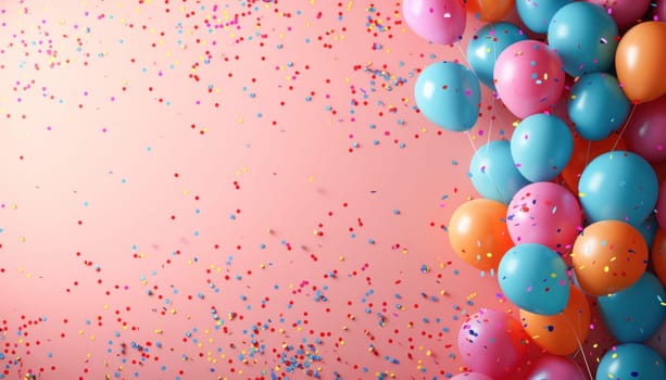 An array of colorful balloons and confetti decorates the scene against a pink background, creating a beautiful display