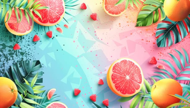 The image shows grapefruits and tropical leaves on a bright background, highlighting greenery and freshness