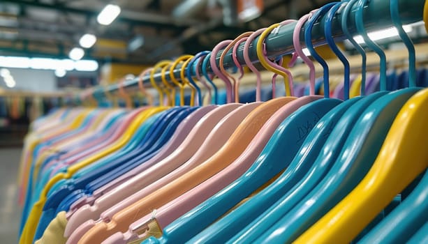 Plastic hangers in store showcase vibrant colors like electric blue and orange, representing leisure and sportswear