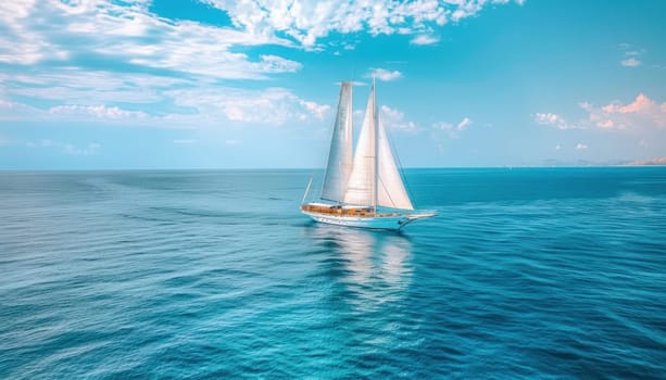 A serene sailboat gracefully moves through a vast expanse of water under a clear blue sky, creating a peaceful scene