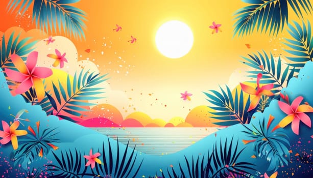 The image shows a tranquil tropical scene with palm trees, ocean sunset, perfect for nature designs or framing
