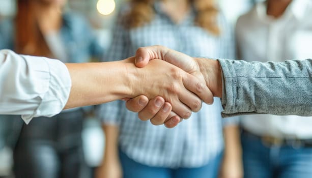 At an event, a crowd watches a man and a woman greet each other by shaking hands, displaying gestures and body language