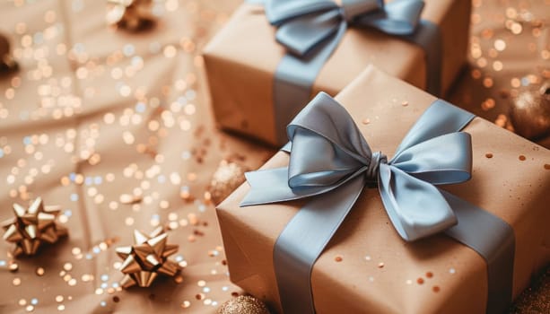 There are three Christmas presents on a table, each wrapped in brown paper and adorned with blue bows