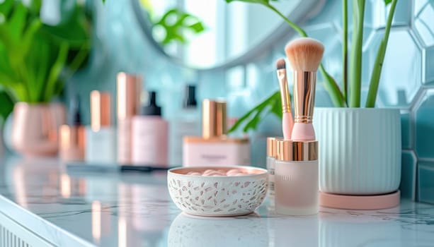 A tidy bathroom counter with cosmetics and brushes reflects cleanliness and organization, creating a neat space
