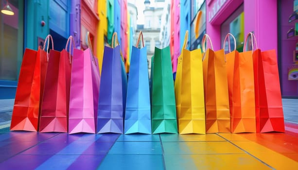 Colorful shopping bags on the rainbow sidewalk create a vibrant display of cheerful colors and a lively atmosphere