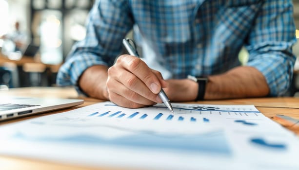 A man is seated at a desk in an office, focused and engaged, showing dedication towards the task at hand