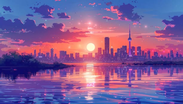 The city skyline is beautifully mirrored in the water during sunset, creating a vibrant and picturesque scene