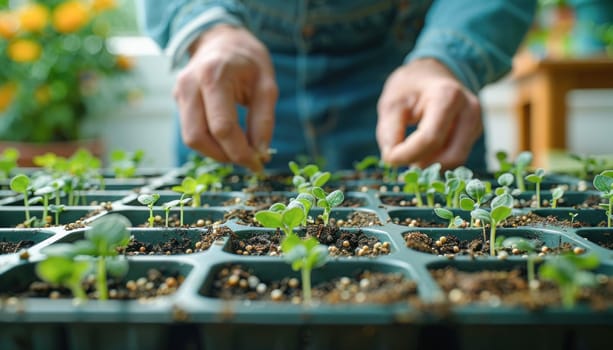 A person is planting young plants in a container within a controlled environment for plant cultivation