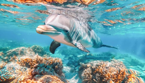 A graceful dolphin swims near a vibrant coral reef in the ocean, depicting a scene of beauty and tranquility