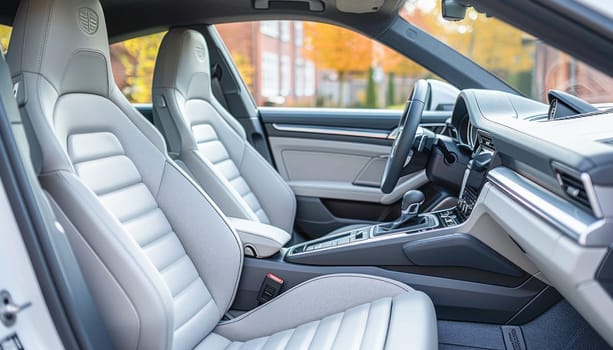 The image shows the stylish interior of a Porsche 911 Turbo S with a steering wheel, car door, and seat cover