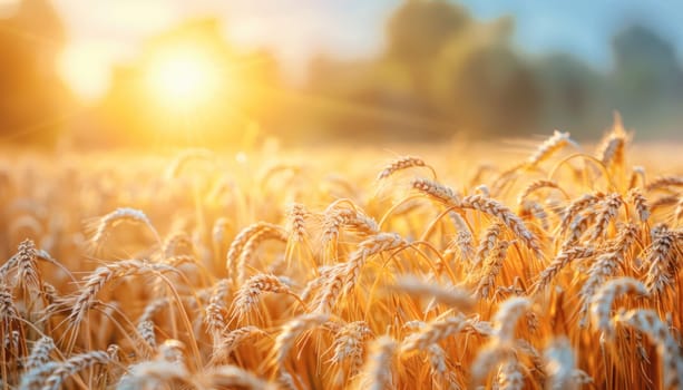 The sun shining through the golden ears creates a beautiful scene in a sunlit wheat field, highlighting natures beauty