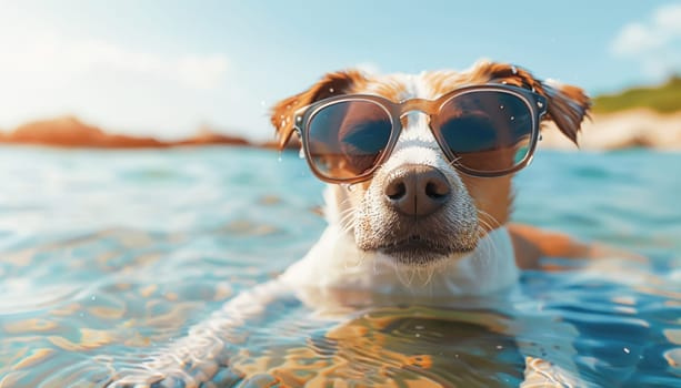 Basking under the warm sun, a joyful dog wearing sunglasses gleefully plays in the ocean waves, exuding happiness