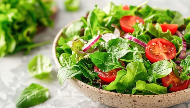 Salad with tomatoes, lettuce, onions Food, Ingredient, Recipe, Leaf vegetable, Dish, Plant, Cuisine, Produce, Garnish