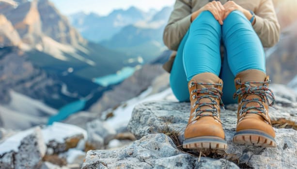 A person in hiking boots is resting on the summit of a mountain, enjoying the azure skies and natural landscape around