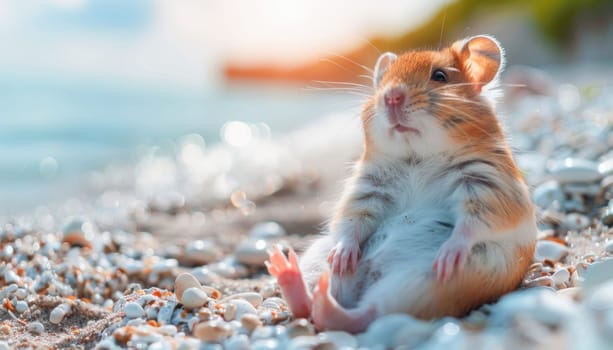 A hamster enjoys a day by the sea, near water, on a sandy beach, soaking in the sun and playing in the sand