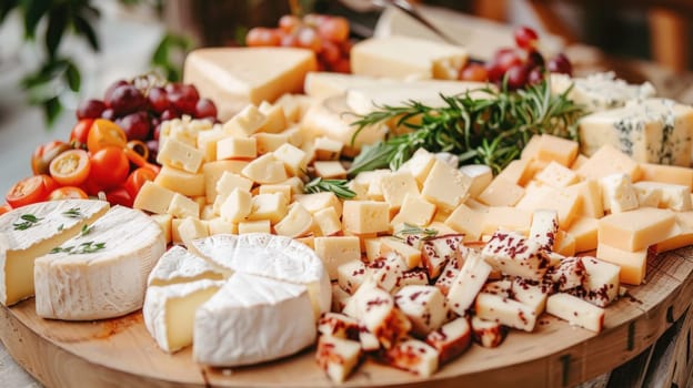 An assortment of cheeses and vegetables are displayed on a wooden cutting board, highlighting their delicious variety