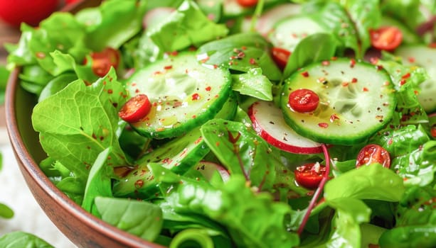 A bowl of salad made with lettuce, cucumbers, radishes, and tomatoes, a healthy mix of natural foods and ingredients