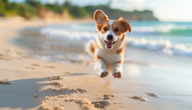 A cheerful dog happily plays on the sandy shore near the ocean, enjoying the beach and the sky above