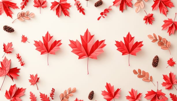 Red maple leaves and pine cones arranged in a circle on a white background, showcasing a creative composition