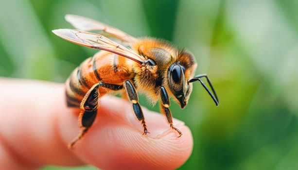 A closeup view of a bee perched on a persons finger, showcasing the intricate details of the insect