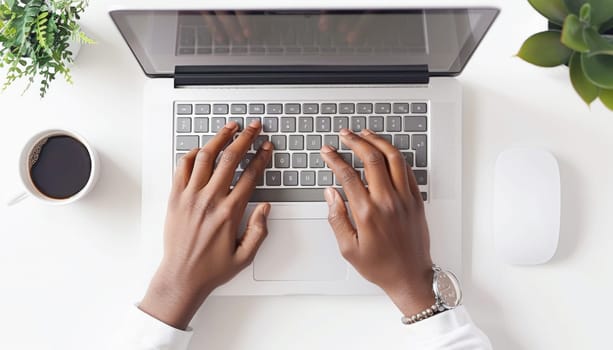 Person typing on laptop next to a cup of coffee on white background, showing human body, gesture, laptop, and computer