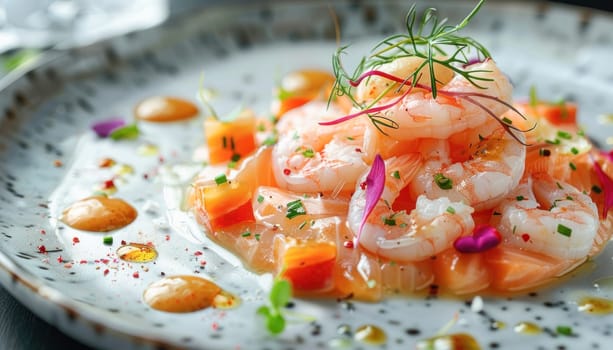 A plate of shrimp and vegetables on a table, keywords include Food, Ingredient, Recipe, and Cuisine