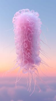 A serene scene features a peaceful sky with a graceful pink jellyfish gently drifting overhead, embodying tranquility