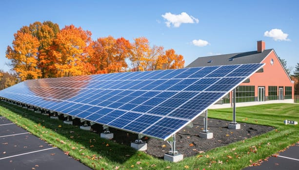 A series of solar panels is set up in front of a house, harnessing solar energy for residential use