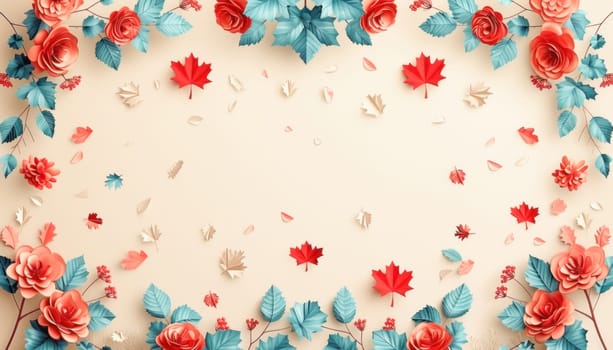 An artistic creation featuring a heart made of paper flowers and leaves, displayed on a white background