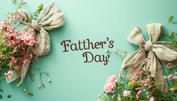 A fathers day card is showcased with flowers and bows on a blue background, boasting an elegant design