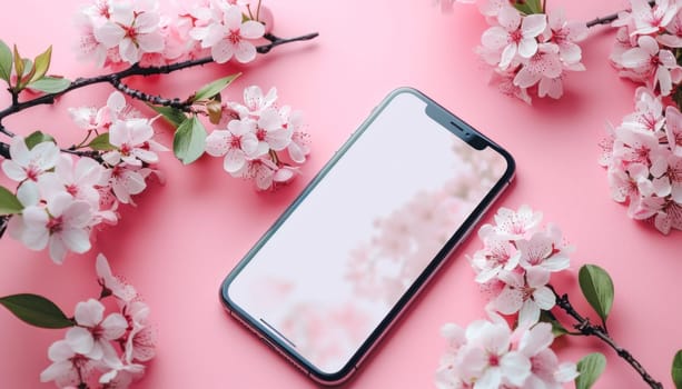 A cell phone is elegantly showcased amidst lovely pink flowers on a soft pink backdrop, creating a charming composition