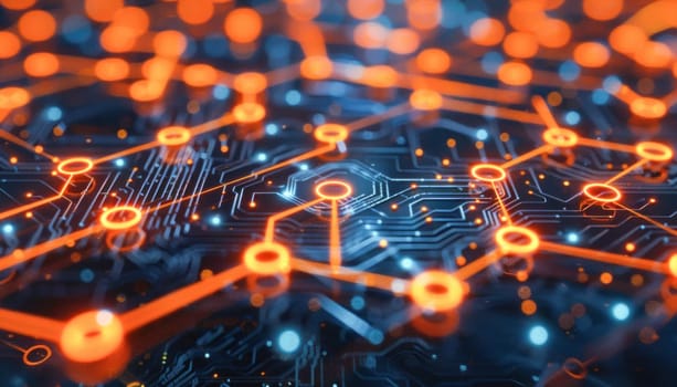 A detailed view of a circuit board illuminated by many lights, showcasing various electronic components