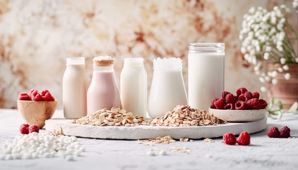 Various types of milk and yogurt are neatly arranged and presented on the table for a visually appealing display