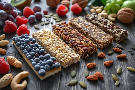 There are various types of granola bars made with natural ingredients like fruits and whole foods on the table