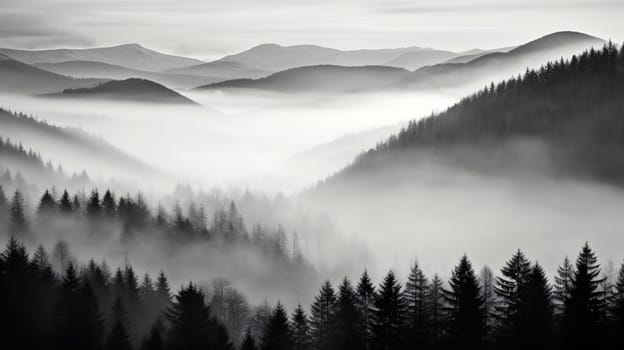 Layers of forested hills shrouded in morning mist present a serene, monochromatic view - Generative AI