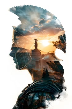 A double exposure painting of a Roman soldier in a powerful gesture with a statue in the background. This illustration combines art, fiction, and creativity