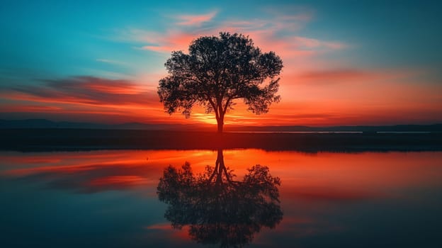 A solitary tree stands against a fiery sunset, its reflection shimmering in the tranquil waters below, creating a symmetrical display of natures serenity and beauty - Generative AI