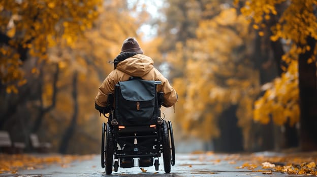 A person in a wheelchair is seen from behind as they navigate a path strewn with fallen leaves in a park during autumn - Generative AI