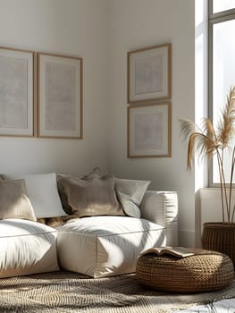 A cozy living room with a grey couch, wood ottoman, and a large window. The interior design features comfortable textile fixtures and wood flooring