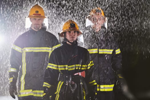 A group of professional firefighters marching through the rainy night on a rescue mission, their determined strides and fearless expressions reflecting their unwavering bravery and unwavering commitment to saving lives