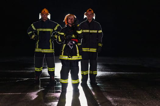 A group of professional firefighters marching through night on a rescue mission, their determined strides and fearless expressions reflecting their unwavering bravery and unwavering commitment to saving lives